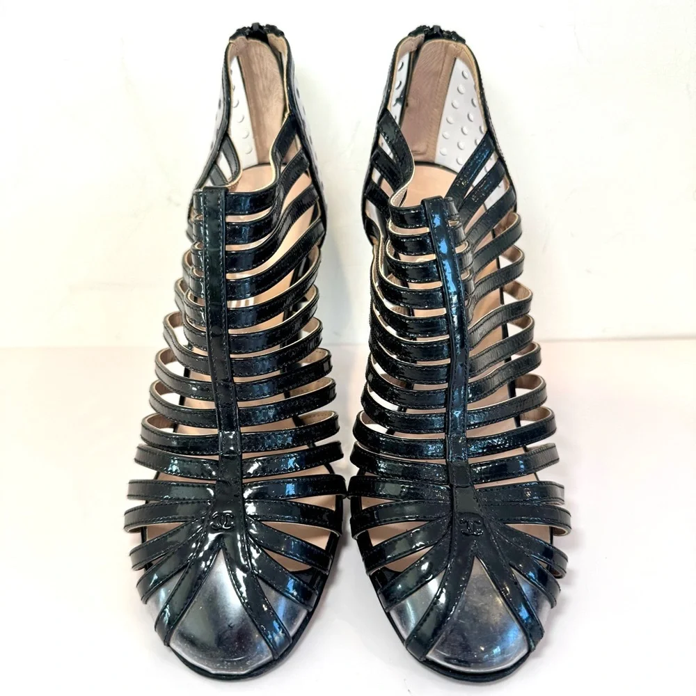 Chanel Black Patent Leather & Clear PVC Cage Block Heel Sandal W CC Logo, Sz 38